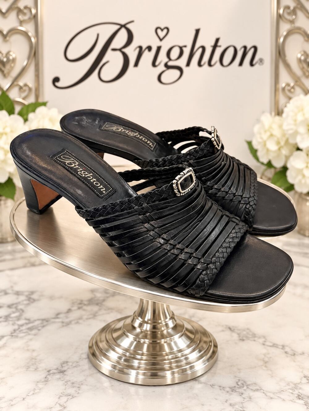 Brighton Freddi Black Woven Leather Slide Sandals Heels Women’s 7.5M